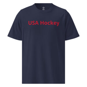 Front of a T-shirt with bold 'USA Hockey' text printed on it.
