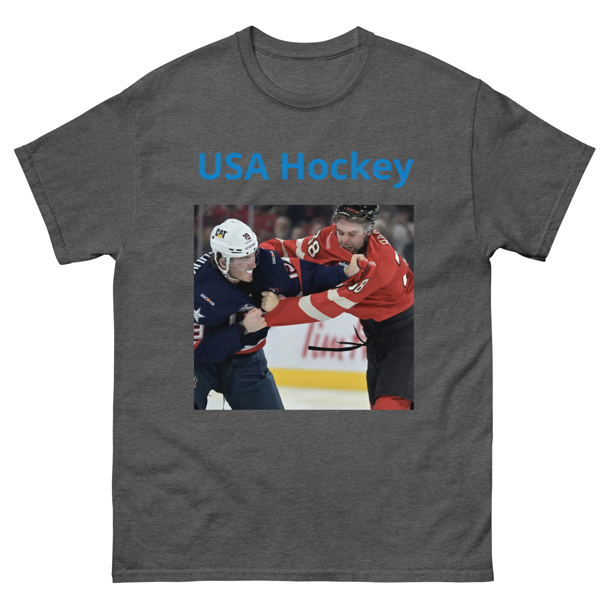 Front of a T-shirt with bold 'USA Hockey' text printed on it.