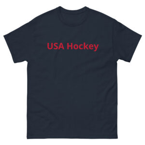 Front of a T-shirt with bold 'USA Hockey' text printed on it.