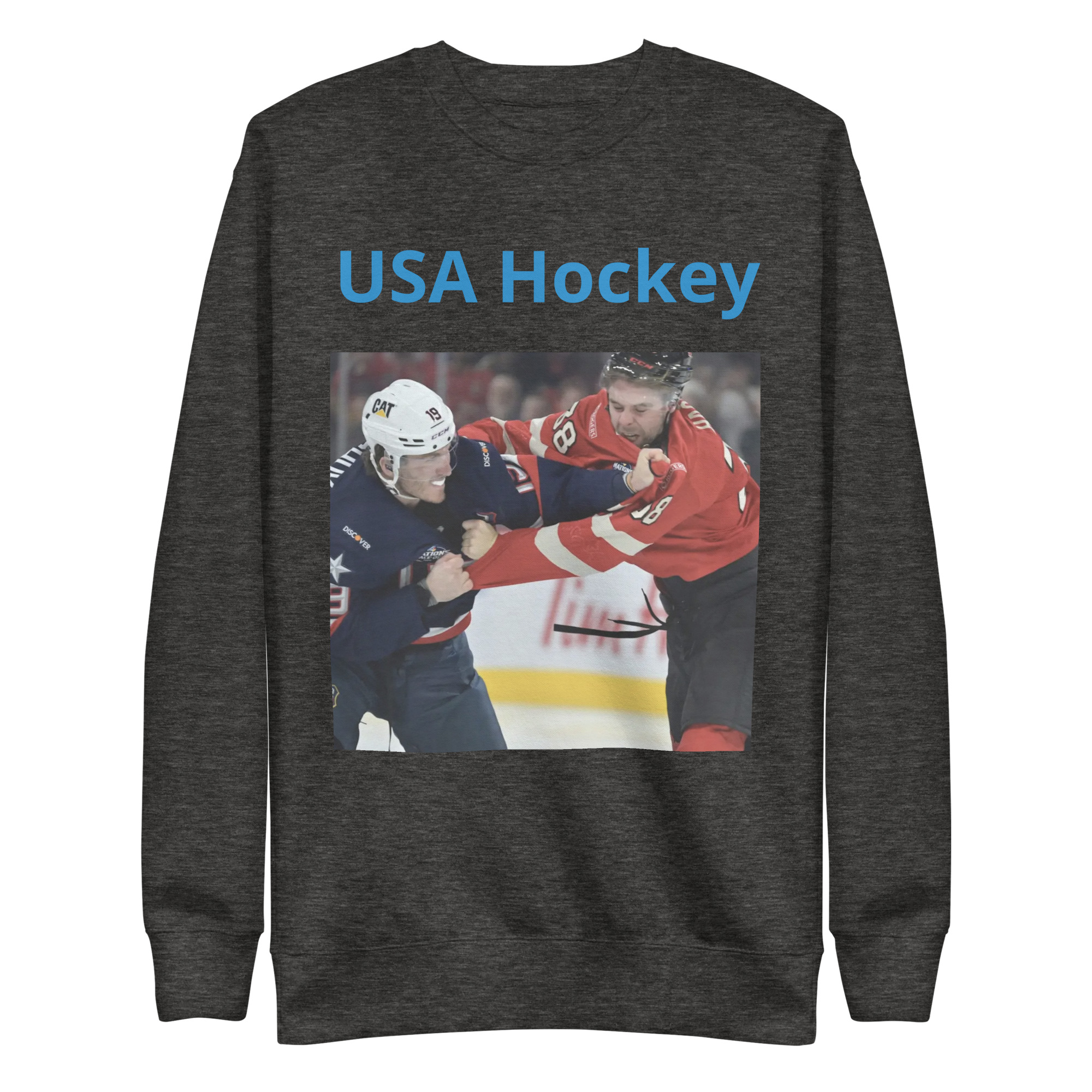 Front of a T-shirt with bold 'USA Hockey' text printed on it.